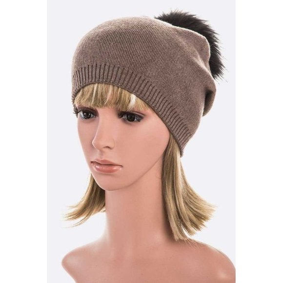 Raccoon Fur Pom Cashmere Blend Slouchy Beanie